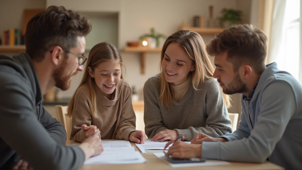 Семья обсуждает бюджет за столом, документы и калькулятор