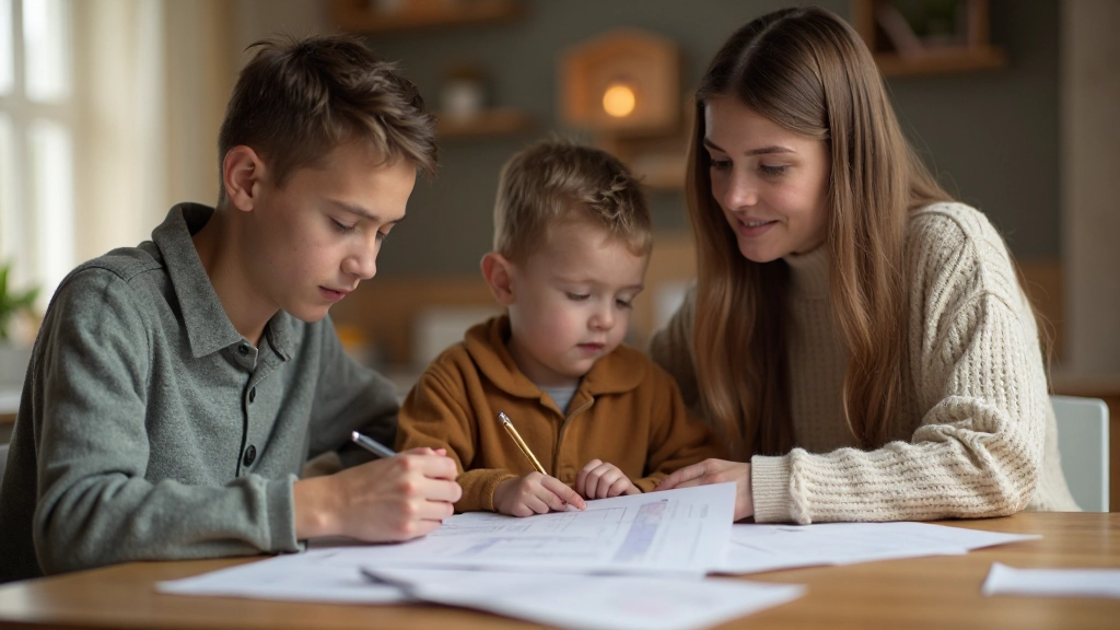Семья обсуждает финансовый план за обеденным столом с документами